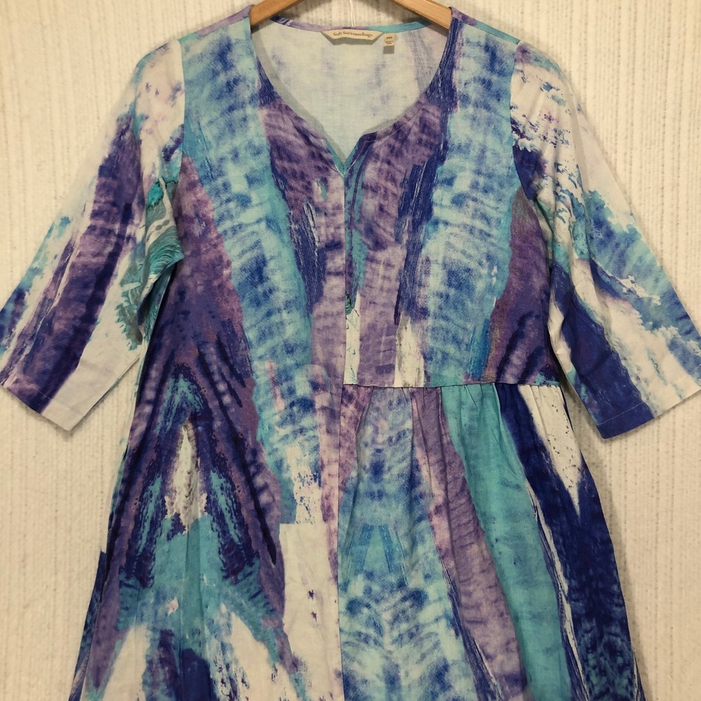 Soft Surroundings Abstract Tie Dye Maxi Dress Linen‎ Cotton Viscose Blend PXS